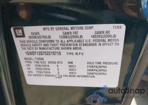 2005 Chevrolet Trailblazer Ls z USA, uszkodzony, nr VIN 1GNDT13S752210710